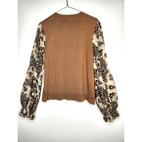 Vintage Women Brown Knit Pullover Sweater Sheer Sleeves Sz. L Floral Boho - Picture 3 of 7